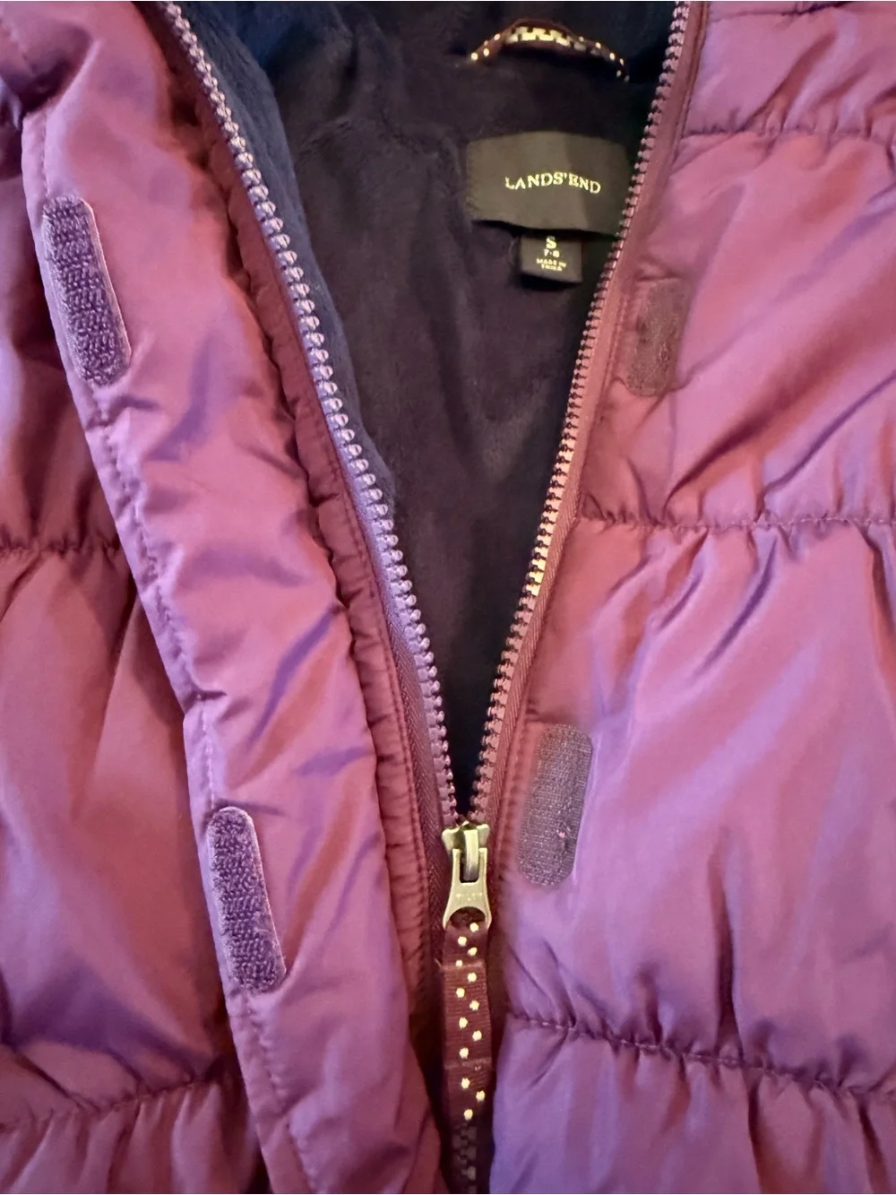 Kids Purple Puffer Jacket with Hood and Navy Fleece Lining